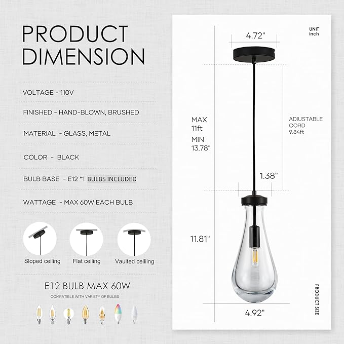 Raindrop Pendant Light Fixtures Set of 3, Black Glass Pendant Lighting, Hand BlownTeardrops Modern Hanging Light for Entryway Foyer Kitchen Island Dining Living Room Hallway-Ruum Studio Home