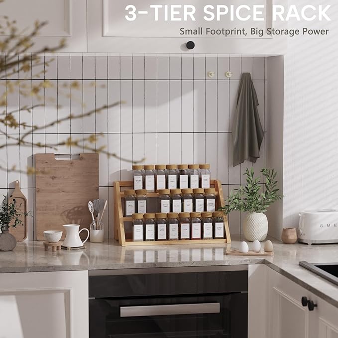 Bamboo Spice Rack Organizer -3-Tier Spice Rack for Countertop,Cabinet Spice Rack Organizer for 27 Spice Jars(4oz)，Step Shelf (yellow)-Ruum Studio Home