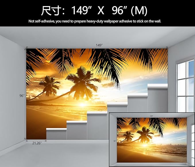 WFBHUA-Tropical Beach Wallpaper Dusk Waves Palm Tree Leaf Coconut Tree Wall Mural for Living Room Bedroom (Not Peel and Stick)-Ruum Studio Home