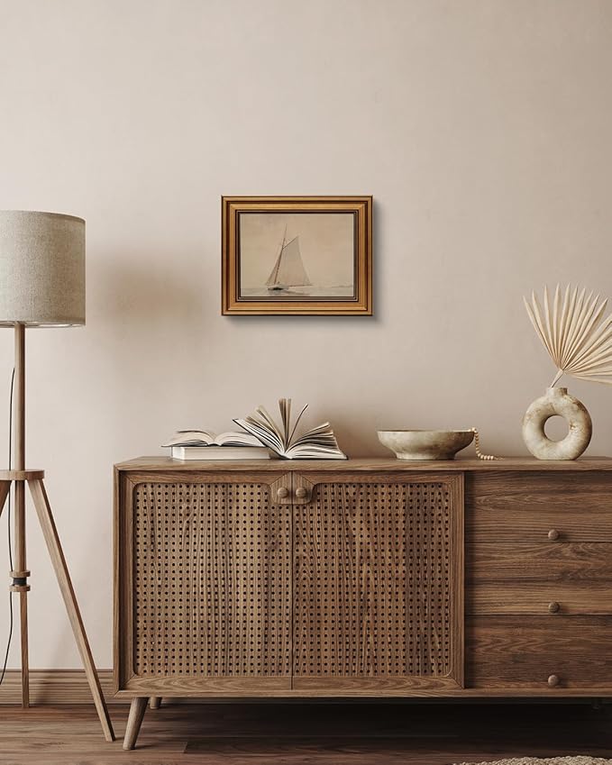 Gold Framed Vintage Wall Art for Living Room, Seaview Painting Prints Shelf Decor for Kitchen, Aesthetic Bedroom Wall Art, Christmas Gifts for Friends or Family (White Sailboat - 8"x10")-Ruum Studio Home