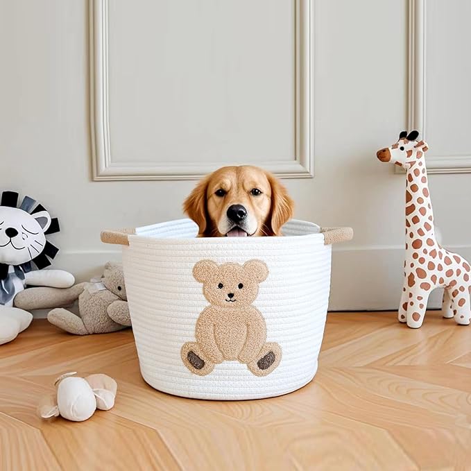 INough Cotton Rope Basket Toy Storage Baskets for kids Laundry Hamper, Gift Basket Empty Baby Shower Baskets with Handles, Cute Bins Blanket Stuffed Animal Storage for Nursery, Living Room Decor, Bear-Ruum Studio Home