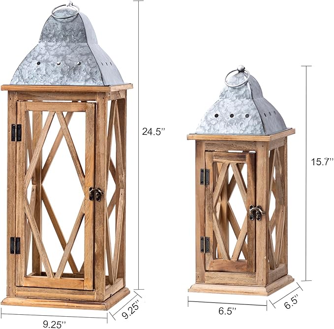 Large Farmhouse Wooden Metal Lantern Set of 2, Rustic Decorative Floor Candle Lanterns, Indoor/Outdoor Hanging Lanterns for Home Decor (No Glass)-Ruum Studio Home