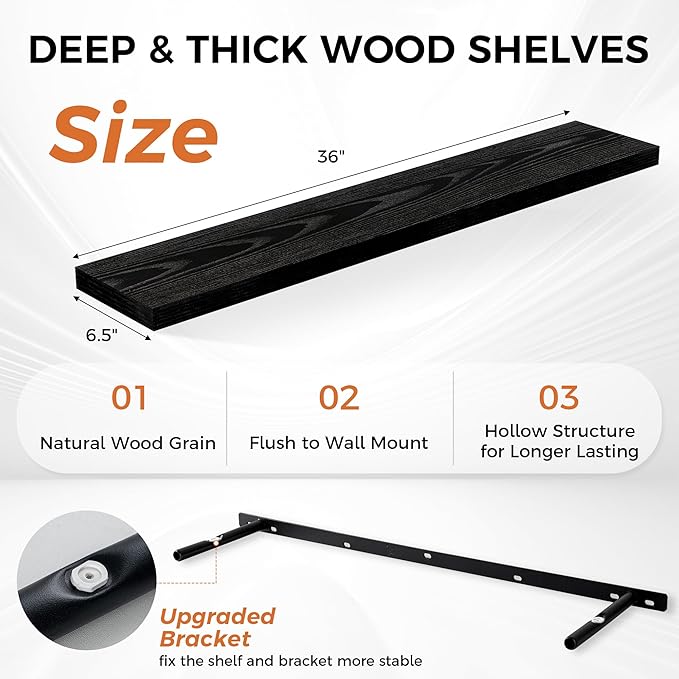 Fun Memories 36Inch Floating Shelves for Wall 2 Pack Wood Shelves for Kitchen, Bathroom, Bedroom Wall Mounted Rustic Wood Floating Shelf with Invisible Brackets for Books, Storage, Decor, Black-Ruum Studio Home