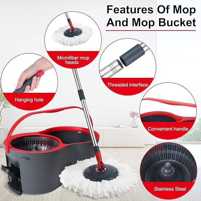360° Spin Mop and Bucket Set Cleaning System,Mop and Bucket with Wringer Set for Home,Wet Dust Mop for Floor Cleaning with 4 Mop Heads-Ruum Studio Home