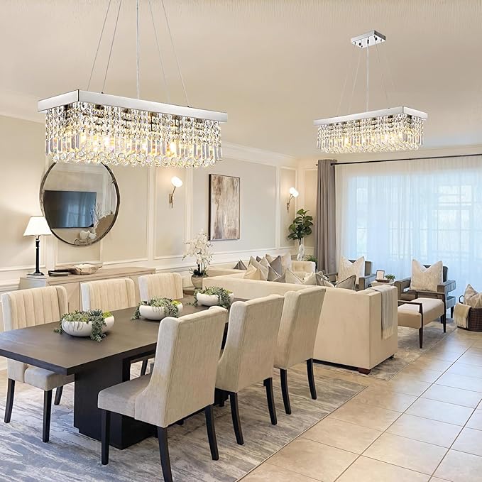 Modern Rectangular Crystal Chandeliers,8 Lights Rectangular Pendant Light Fixture,Adjustable Height K9 Crystal Chandelier for Dining Room L40''xW10''xH10''-Ruum Studio Home