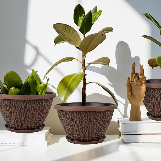 4 Pack Plant Pots Outdoor Indoor, 8 Inch Small Flower Pots with Drainage Hole & Tray, Thickened Plastic Outdoor Planters for Garden House Decor - Pebbles Pattern Design-Ruum Studio Home