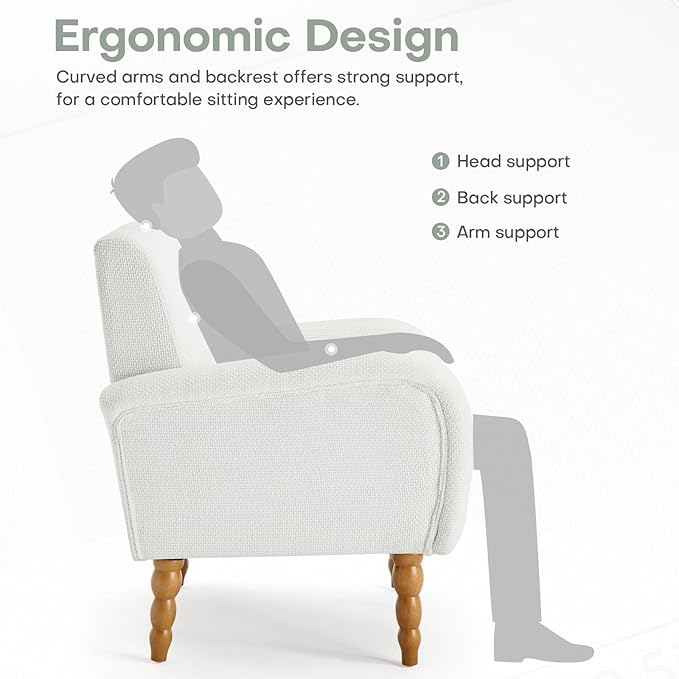 Chenille Fabric Accent Chairs Set of 2, Upholstered Armchair with Solid Wood Legs, Modern Living Room Accent Chair, Comfy Single Sofa Reading Club Chair for Bedroom Reception Lounge, White-Ruum Studio Home