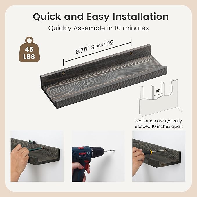 Picture Ledge Wall Shelves 16 inch Width Set of 2, Solid Pine Wood Rustic Floating Ledge Shelves for Wall for Kids' Room Bedroom Kitchen Bathroom Living Room Nursery Display Wall Decor, Grey-Ruum Studio Home