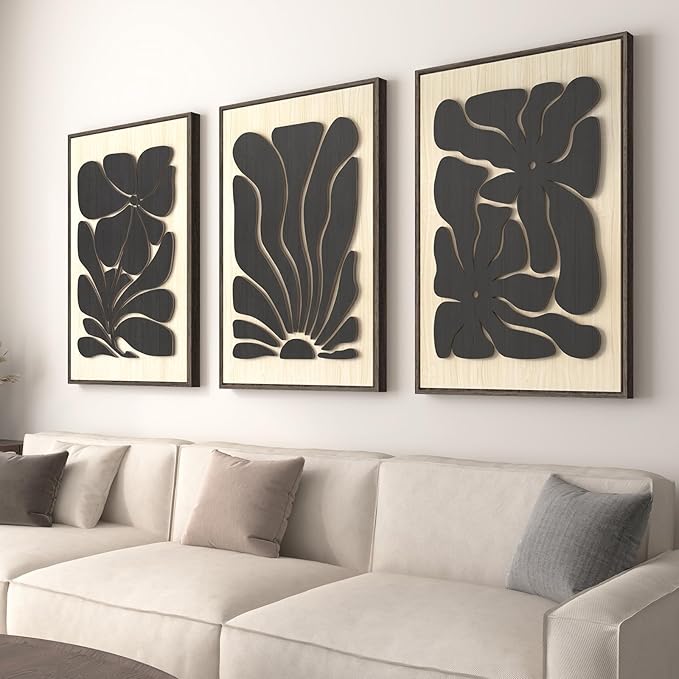 Framed Textured Wood 3D Wall Art for Living Room, Large Boho Floral Black and Beige Artwork for Walls, 3 Piece Abstract Bohemian Flower Wood 3D Art for Office Bedroom Hallway Wall decor, 24x36 Inch-Ruum Studio Home