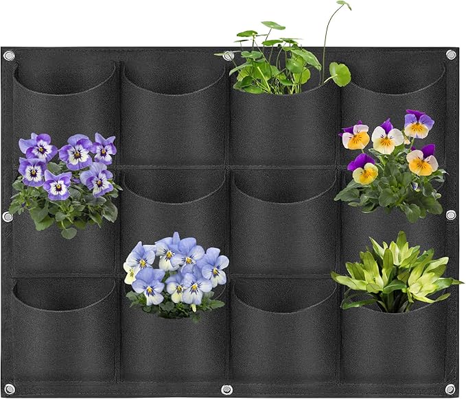 12 Pockets Hanging Planter Bags, Hanging Vertical Wall Mounted Plant Planting Grow Bags, Herb Garden Planter Outdoor Indoor Growing Bag, Gardening Vertical Greening Flower Container(0.6m×0.8m, Black)-Ruum Studio Home