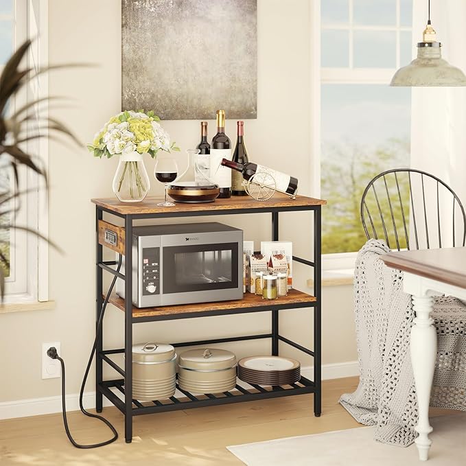 IBUYKE Kitchen Island with Storage, Bakers Rack with Power Outlet,Microwave Stand with Large Worktop,Rolling Bar Cart for Home, Outdoor, Kitchen,Rustic Brown and Black TMJ029H-Ruum Studio Home