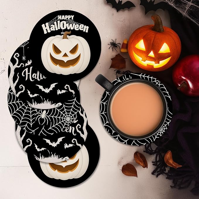 Coaster for Drinks Set of 6, Happy Halloween Pumpkin Spider Web Black Absorbent Round Ceramic Stone Mat, with Cork Base and Metal Holder, Gift for Housewarming Room Bar Decor-Ruum Studio Home