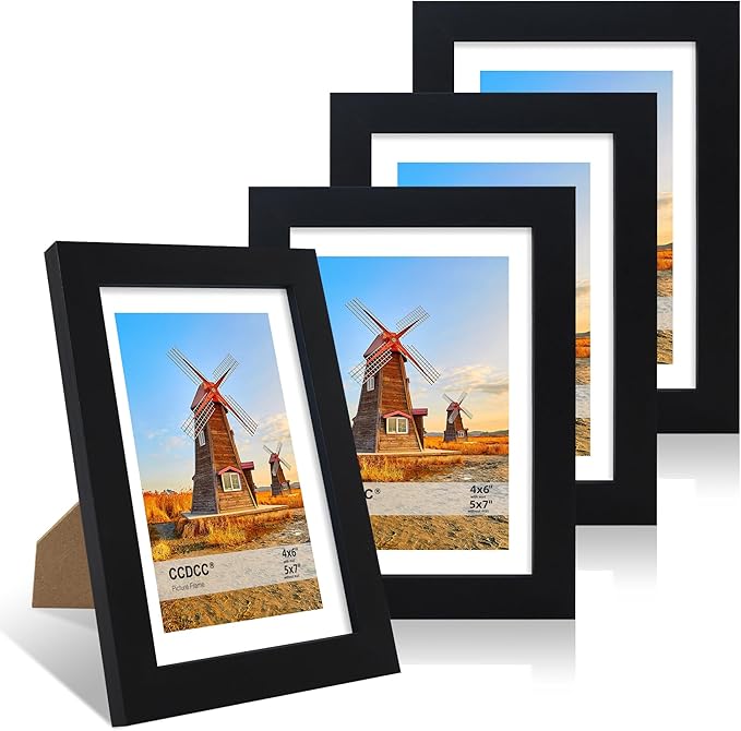 5x7 Picture Frame Set of 4, 5 x 7 Wood Photo Frames with Mat for 4x6, Wooden Frame with Real Glass Cover for Wall and Tabletop Display,Black-Ruum Studio Home