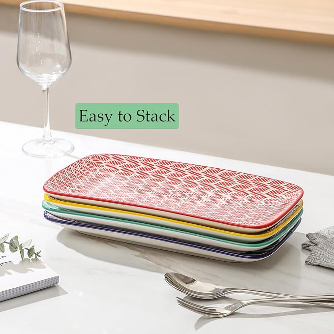 Selamica Ceramic Rectangular Serving Platters Set of 4, 12 Inch Serving Trays/Dishes for Party Entertaining, Rectangular Dinner Plates for Appetizer Salad Dessert Sushi, Assorted Colors-Ruum Studio Home