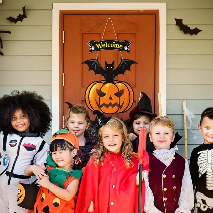 Halloween Door Wreath,Halloween Wall Decorations Wooden Black Bats Pumpkin Halloween Wreaths for Front Door, Halloween Door Decorations Indoor Outdoor Sign-Ruum Studio Home