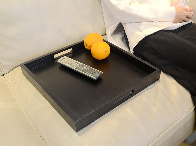 Square Wood Serving Tray with Handle, Ottoman Decorative for Home, 16x16 inches Black-Ruum Studio Home