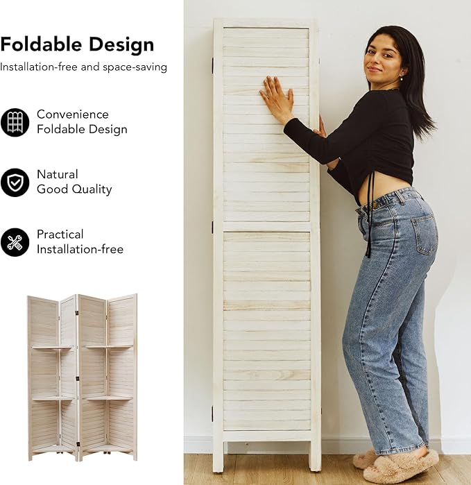 Room Divider with Shelves, 5.6 Ft Tall Folding Wood Screen with Double Hinges for Home Office Bedroom Hotel Decoration (4 Panels, White-Washed)-Ruum Studio Home