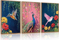 Aurlan Colorful Birds Flowers Framed Wall Art(16"x24"), 3PCS Large Classic Elegance Hummingbird Peacock Canvas Artwork, Vintage Abstract Watercolor Peony Floral Willow Decor for Home Office Bedroom-Ruum Studio Home