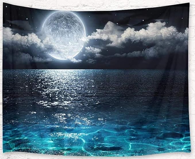 LB Moon Over Ocean Tapestry, Night Sky Tapestry Wall Hanging, 3D Fantasy Psychedelic Watercolor Wall Art for Bedroom Living Room Dorm Home Decor, 60 x 40 Inches-Ruum Studio Home