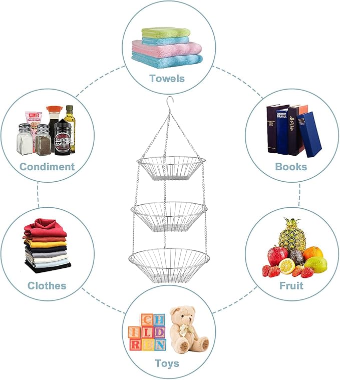 3-Tier Wire Fruit Hanging Basket 2 Packs, non-Punching Wall Hanging Storage, Kitchen Bathroom Organization Basket, Suitable for Bathroom, Kitchen, Closet, Garden, Chrome-Ruum Studio Home