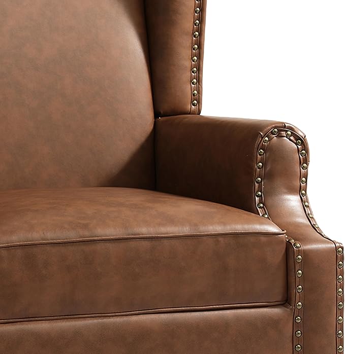 UIXE PU Leather High Back Accent Chair, Upholstered Armchair for Living Room, Retro Wingback Arm Chair Nailhead Trim Single Sofa Bedroom Reading Seat with Solid Wood Legs - Brown-Ruum Studio Home
