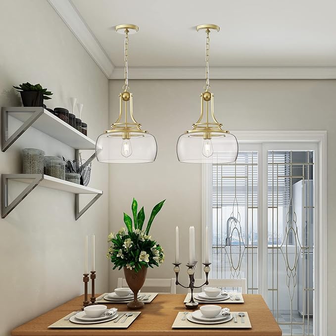 WUZUPS Chandelier Rustic Farmhouse Industrial Round Ceiling Pendant LED Light Fixture with Clear Glass Shades for Dining Room Kitchen Island Foyer Entryway, H 17" x W 13.4", E26 Base, Gold-Ruum Studio Home