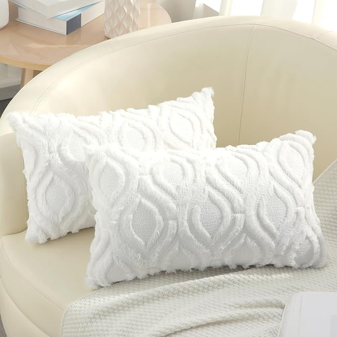 decorUhome Fall Throw Pillow Covers 12x20 Inch Set of 2, Soft Plush Decorative Faux Fur White Solid Couch Pillow Covers, Accent Farmhouse Neutral Lumbar Euro Pillow Cases for Sofa Bed Living Room-Ruum Studio Home