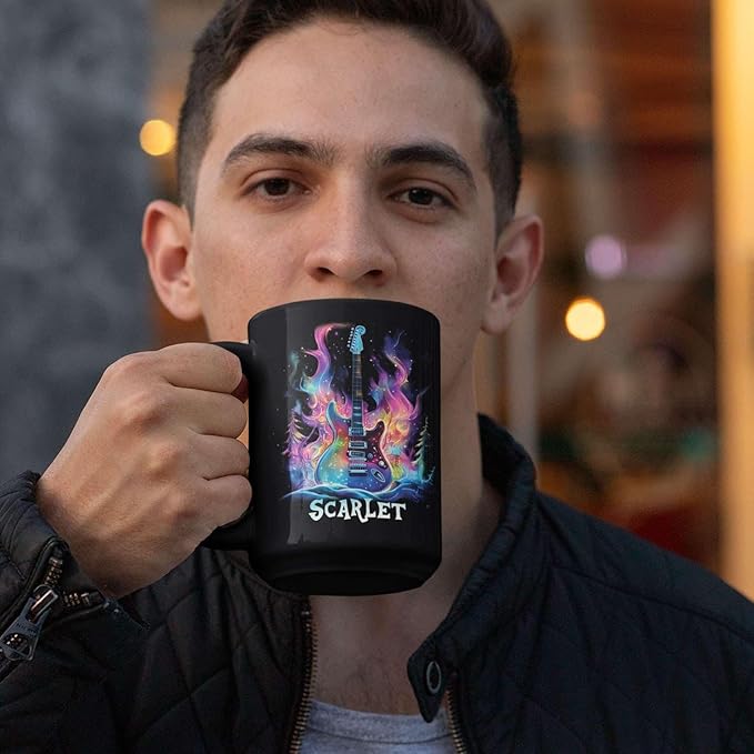 Personalized Electric Guitar Mug 11oz 15oz, Custom Choose Name Coffee Cup, Customized Rock Music Themed Black Mug, Gift For Musicians, Electric Guitar Ceramic Cup With Cosmic Design-Ruum Studio Home