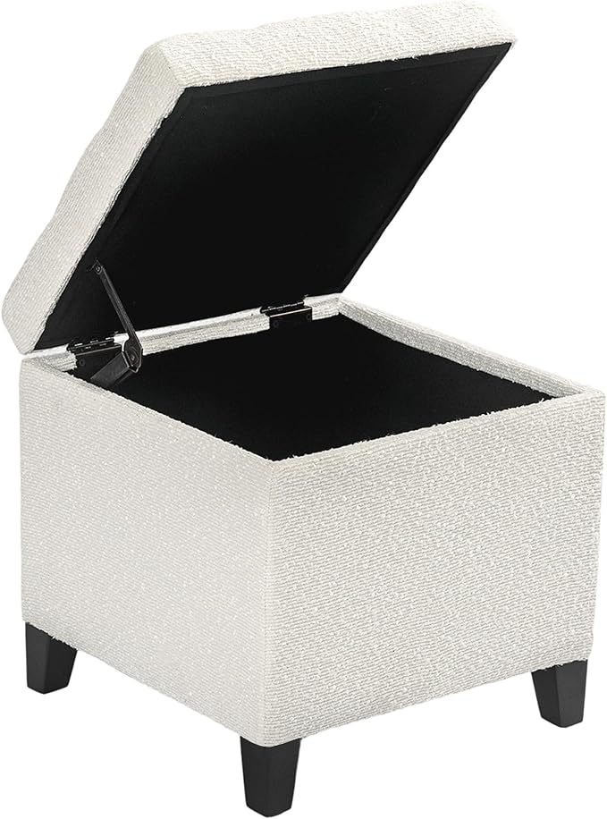 Adeco 18 Inch High Cube Ottoman Storage, Linen Chair Foot Stools, Upholstered Vanity Stool with Hinged Lid, Solid Wood Legs (White Circle Yarn)-Ruum Studio Home
