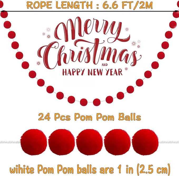 Jishi 3Pk Red Felt Berry Pom Pom Ball Garland Christmas Decorations Indoor Home Decor, Cute Red Berry Christmas Tree Ornaments, String of Pompom Bead Garland Hanging Xmas Holiday Birthday Party Banner-Ruum Studio Home