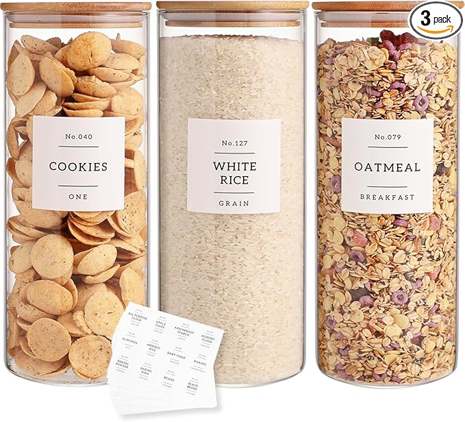 3 Pack Glass Jar with Airtight Bamboo Lid and White 132 Kichen Pantry Labels Preprinted - 56 Oz Clear Tall Glass Food Storage Containers set For Pasta Flour Cookie Rice-Ruum Studio Home