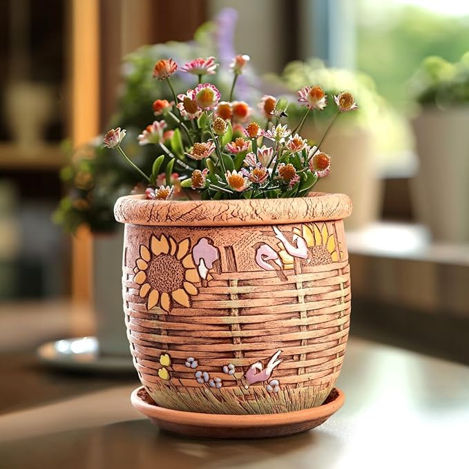 Ceramic Pot with Drainage Hole and Saucer, Plant Pots, Modern Decorative Planters for House Plants Indoor Flowers Plants, Cute Flower Pot - Gifts (Wicker (1.6 L))-Ruum Studio Home