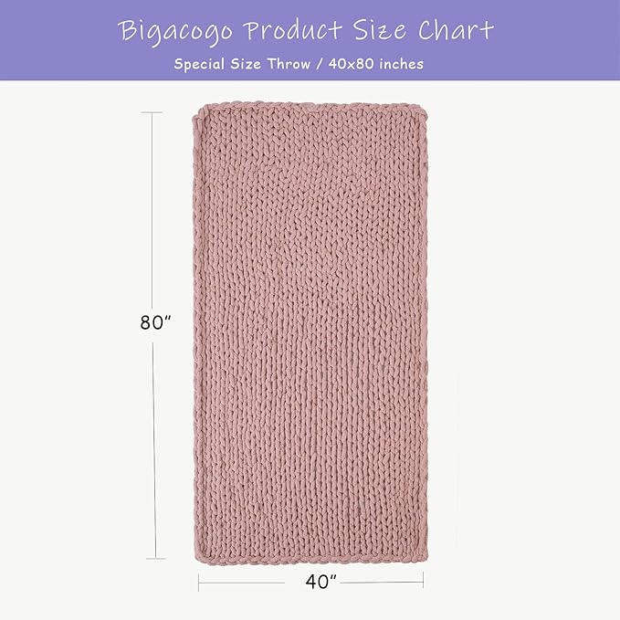Bigacogo Chunky Knit Throw Blanket for Couch, 40x80 inches, 100% Hand Knitted with Thick Jumbo Chenille Yarn, Cozy Soft Large Rope Knot Cable Crochet Blankets for Sofa Bed Living Room, Dusty Pink-Ruum Studio Home