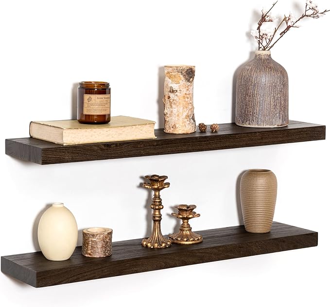 Rustic 30" Floating Shelves, Real Elm Wood Floating Shelf for Wall, Heavy-Duty Wall Shelves for Books, Wooden Floating Shelves with Invisible Bracket for Bathroom, Kitchen, Walnut Color, Set of 2-Ruum Studio Home