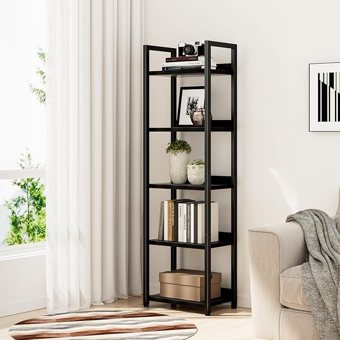 NUMENN Narrow Bookshelf, 5 Tier Bookshelves, Home Office Bookcase Shelf Storage Organizer, Free Standing Storage Shelving Unit for Bedroom, Living Room and Home Office, Black-Ruum Studio Home