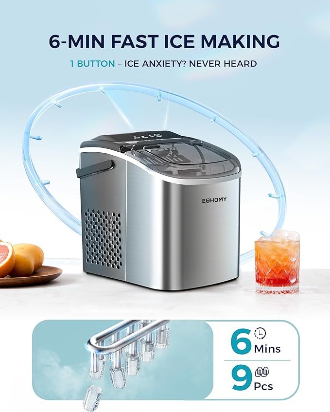 EUHOMY Countertop Ice Maker Machine with Handle, 26lbs Per Day, 9 Ice Cubes Ready in 6 Mins, Auto-Cleaning Portable Ice Maker with Basket and Scoop, for Home/Kitchen/Camping/RV (Silver)-Ruum Studio Home