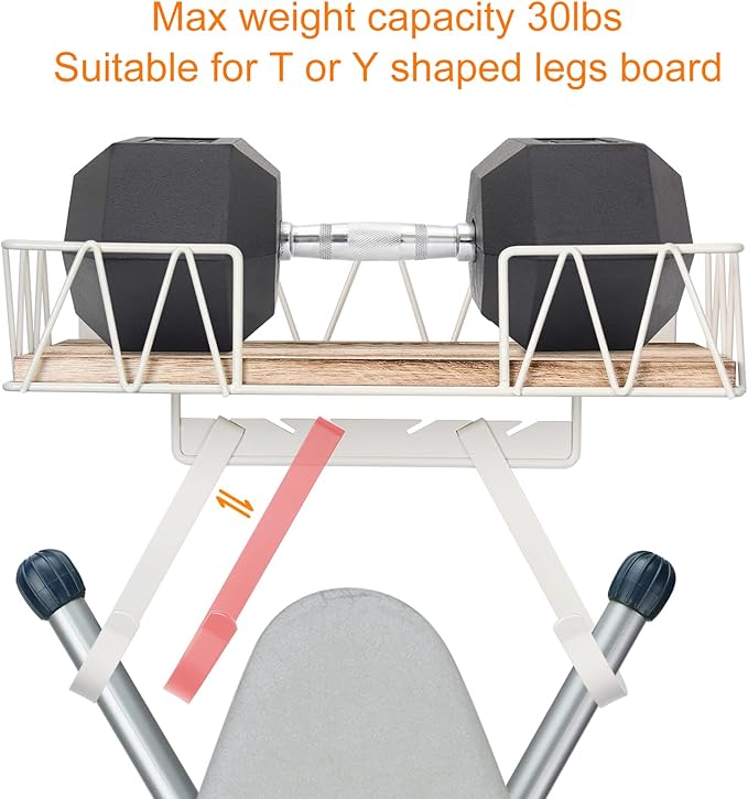 TJ.MOREE Ironing Board Hanger Wall Mount - Laundry Room Decor Iron and Ironing Board Holder with Large Storage Wooden Base Basket and Removable Hooks(T&V Shaped) Cream-Ruum Studio Home