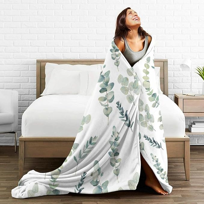 HGOD DESIGNS Watercolor Eucalyptus Flannel Fleece Bed Blanket Throw Blanket Lightweight Cozy Plush Blanket for Bedroom Living Rooms Sofa Couch 50"x60"-Ruum Studio Home