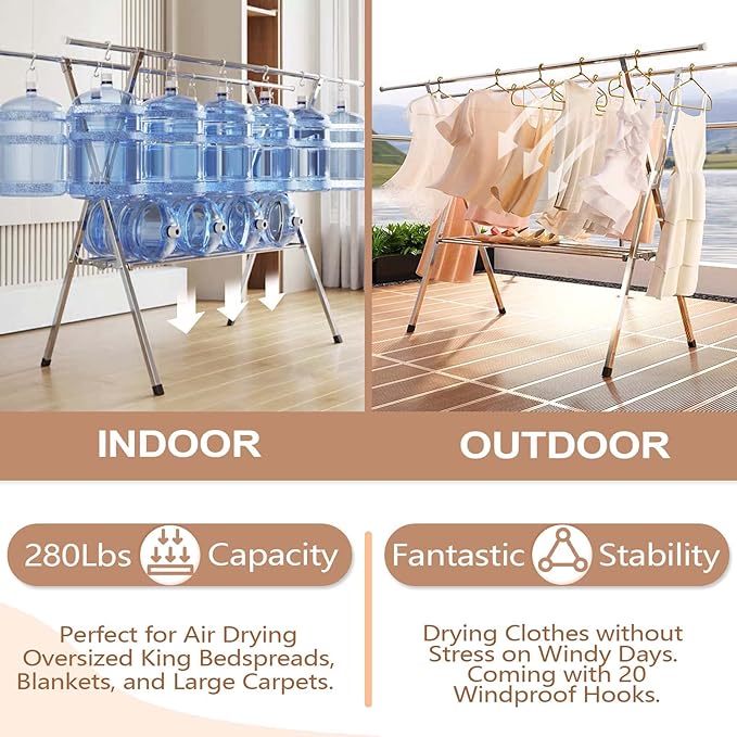 JAUREE Clothes Drying Rack 2 Tiers, Heavy Duty Drying Rack Clothing Folding Indoor Outdoor, Stainless Steel Laundry Drying Rack, Foldable Garment Rack with 20 Windproof Hooks (84 Inches)-Ruum Studio Home