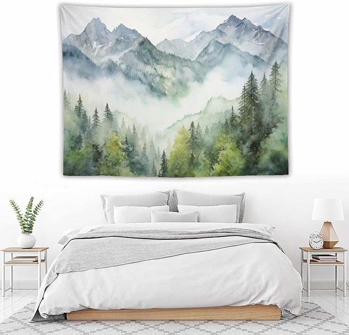HZOHNAGO Mountain Tapestry Misty Green Forest Mountain Pattern Printed Wall Tapestry Wall Hanging for Bedroom Living Room Dorm 80" W x 60" H-Ruum Studio Home