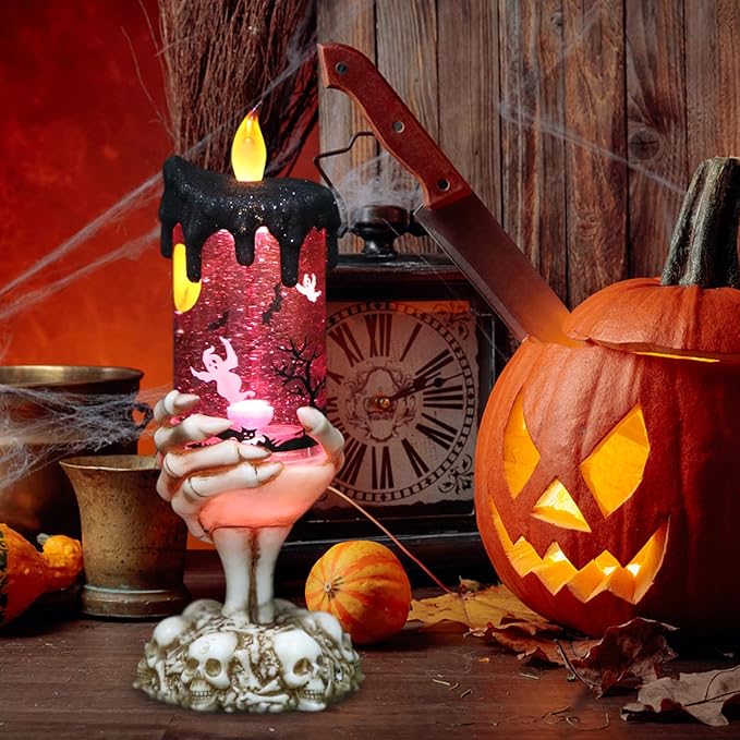 Eldnacele Halloween Snow Globe Candles Lighted Lamp USB Powered Battery Operated Spooky Spinning Water Glittering Tornado Flameless Candles Skeleton Hand Holder Halloween Centerpiece Decor(Ghost)-Ruum Studio Home