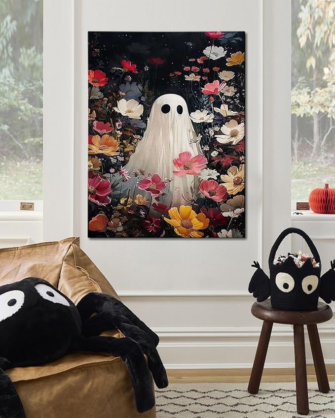 Halloween Canvas Wall Art,Vintage Cute Ghost & Wildflowers Framed Poster, Spooky Fall Decorations for Indoor, Gothic Dark Academia Wall Decor, Funny Halloween Decorations for Living Room Bedroom-Ruum Studio Home