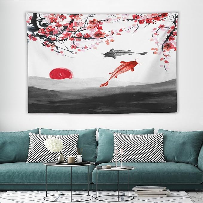 Houselerax Japanese Koi Fish Tapestries, Cherry Blossoms Asian Oriental Flower Branch Koi Fish Carp Tapestry Wall Hanging for Bedroom Living Room Office Decor 60"x40"-Ruum Studio Home