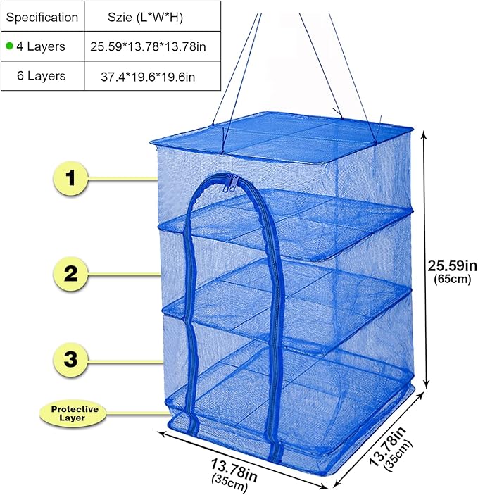 Drying Rack 4 Layers Folding Mesh, Foldable Nylon Netting, Hanging Drying Net, for Shrimp, Fish, Fruit, Vegetables, Herb, with Zipper Opening - Blue (25.59X13.78X13.78 in)-Ruum Studio Home