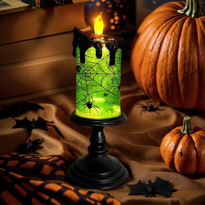 1.Halloween Snow Globe Tornado Flameless Candles Table Centerpiece for Celebration Party,Battery Operated LED Candle with 6 Hours Timer for Home Indoor Halloween Decoration (Spider)-Ruum Studio Home