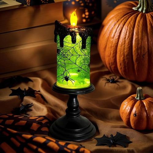 1.Halloween Snow Globe Tornado Flameless Candles Table Centerpiece for Celebration Party,Battery Operated LED Candle with 6 Hours Timer for Home Indoor Halloween Decoration (Spider)-Ruum Studio Home