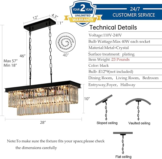 Black Crystal Chandeliers for Dining Room Light Fixtures Over Table，9-Lights Modern Rectangle Chandeliers for Kitchen Island Bar L28 Inch-Ruum Studio Home