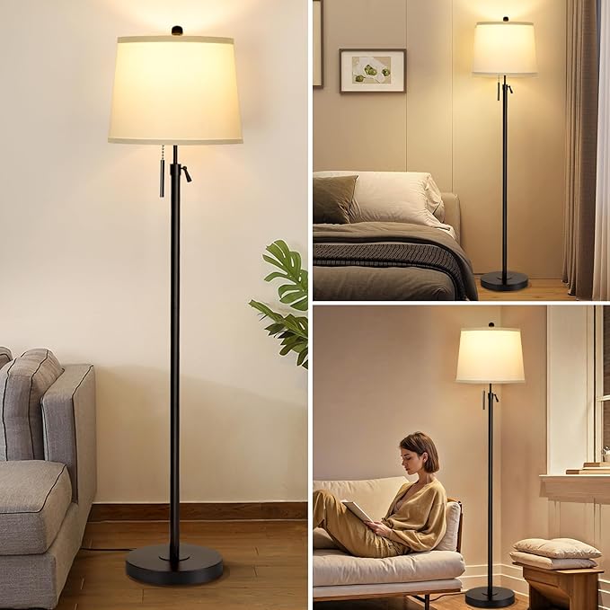 Black Floor Lamps for Living Room Adjustable Height Standing Lamp Modern Tall Pole Lamps for Bedroom Office with White Linen Shade 3 Color Temperature 9W LED Bulb Included-Ruum Studio Home