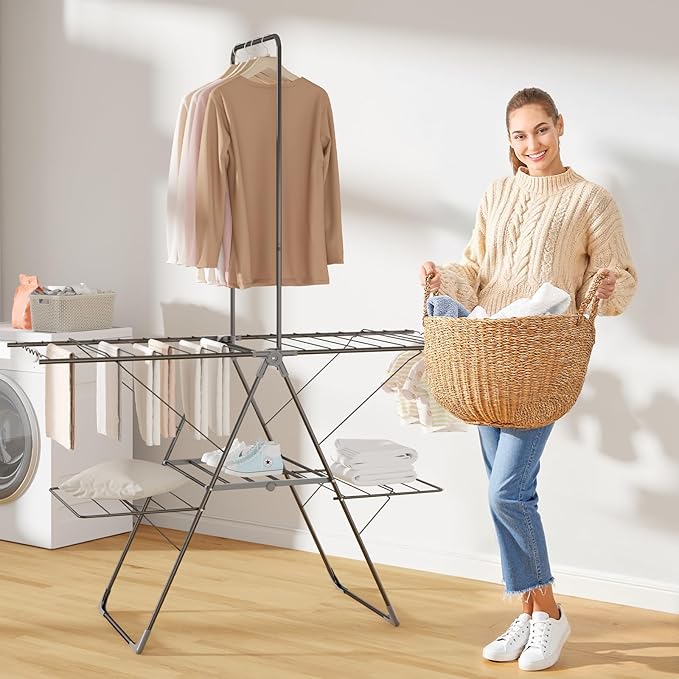 Bigzzia Clothes Drying Rack Foldable, 68.9Inch High Hanger Laundry Drying Rack with 4 Height-Adjustable Wings, Lightweight and Space Saving Clothes Airer for Apartments, Dorms, Camping-Ruum Studio Home