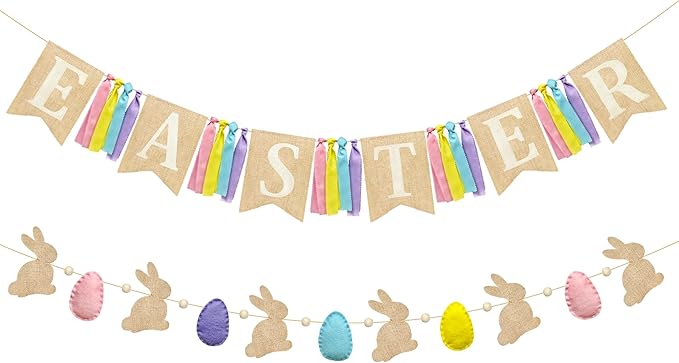 Easter Party Decorations Burlap Rabbit Bunny 3D Felt Egg with Wood Beads Garland Felt Easter Sign Burlap Pennant Banner Flag with Pastel Ribbon for Easter Spring Birthday Baby Shower Party Supplies-Ruum Studio Home
